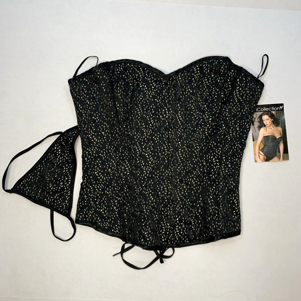 iCollection Boudior‎ Lace Corset Thong Set Sz 36 Black Gold Brocade Pin Up Glam